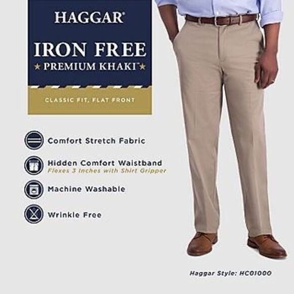 Haggar Mens Iron Free Classic Fit Flat Front Khaki Pant size 34X30 light brown - Picture 4 of 9